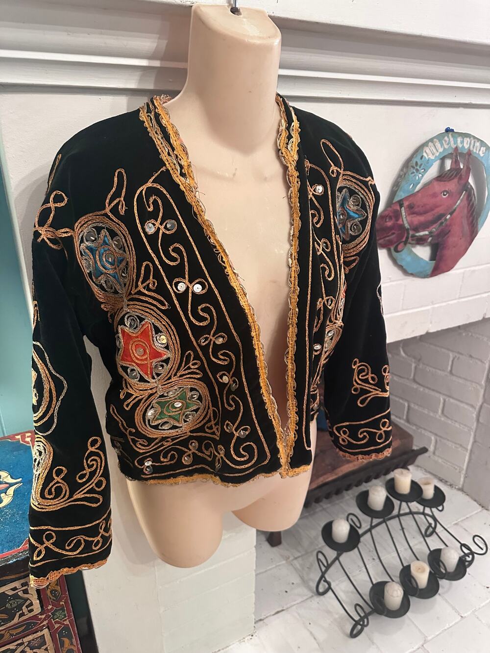 OUTSTANDING VINTAGE 60's VELVET FOLK JACKET MIRRORS, METALLIC EMBROIDERY